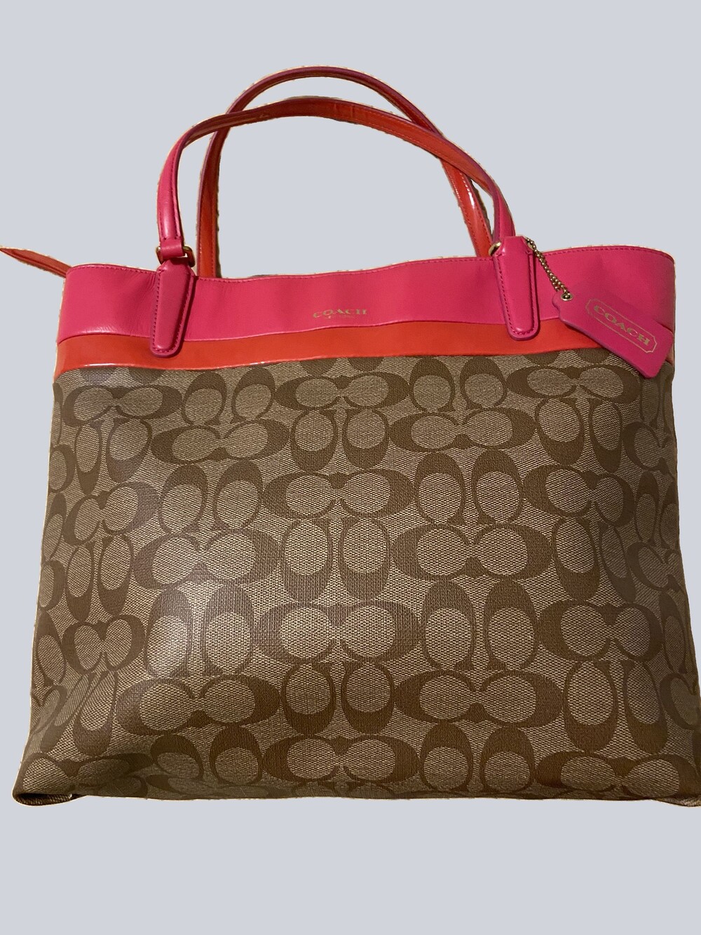 COACH Taylor Tote Bag Signature Canvas Pink and Orange Leather Trim 29783